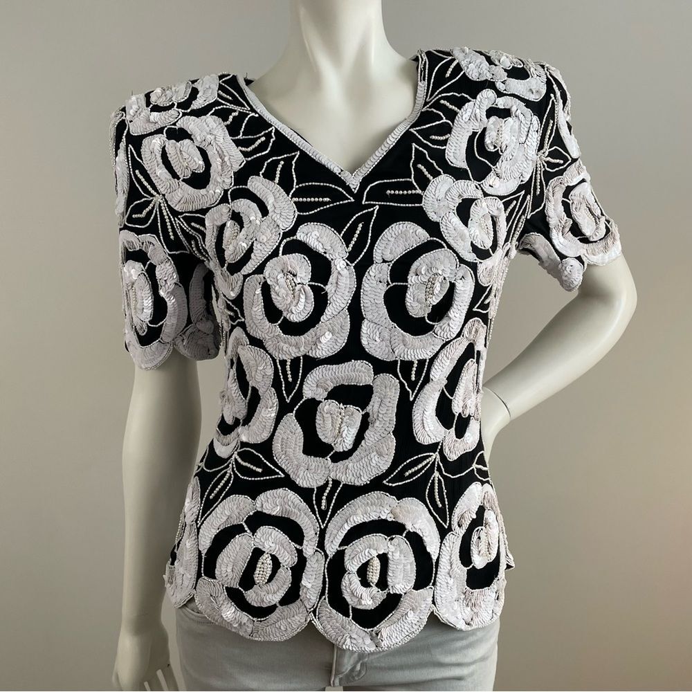 VINTAGE STENAY Silk Sequin Floral V-Neck Top